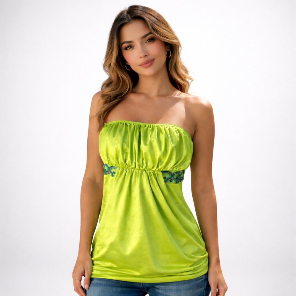 NWT Studio Y Empire Strapless Tube Top | Rhinestone & Bead Detail | Sz M | Green